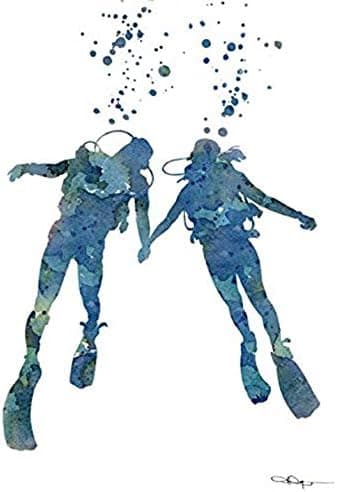 Scuba Divers Abstract Watercolor Art Print by Artist DJ Rogers