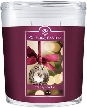 Colonial Candle Scented Oval Glass Jar Candle with Glass Lid, Holiday Sparkle, Premium Wax, Wine Color, 22 Oz, Two Cotton Wicks, Single