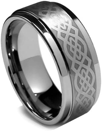 Top Value Jewelry - Men Tungsten Wedding Band, His Celtic Ring, Titanium Color, Step High Polish Edge, Men 8MM (size 8-15) - Half Sizes Available