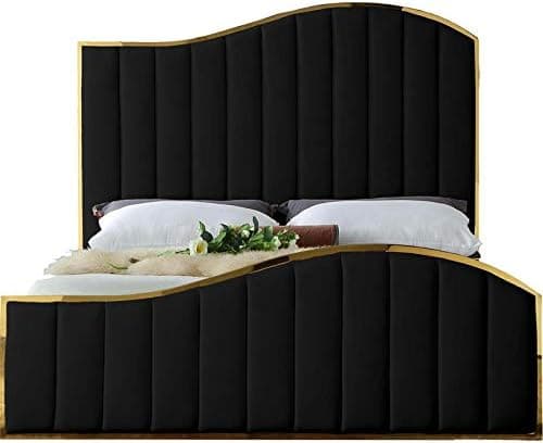 Meridian Furniture Jolie Collection Modern | Contemporary Velvet Upholstered Bed With Channel Tufting, And Polished Gold Metal Frame, Black, King