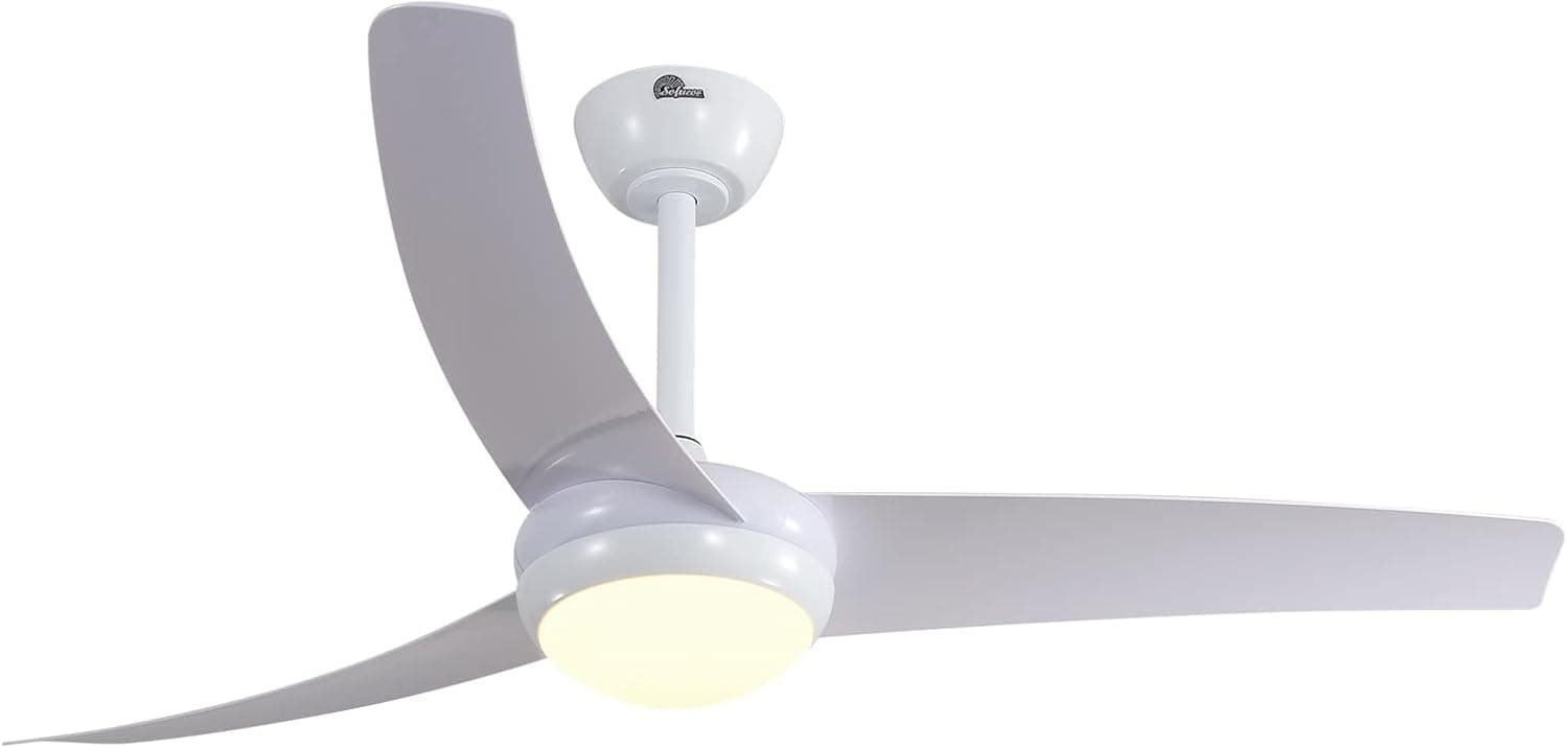 Sofucor 52" White Ceiling Fan Indoor with Light and Remote Control, 6-Speed, 3-Timer with Quiet Energy Saving, 3 blades Ceiling fan with Remote, Bright white, ABS