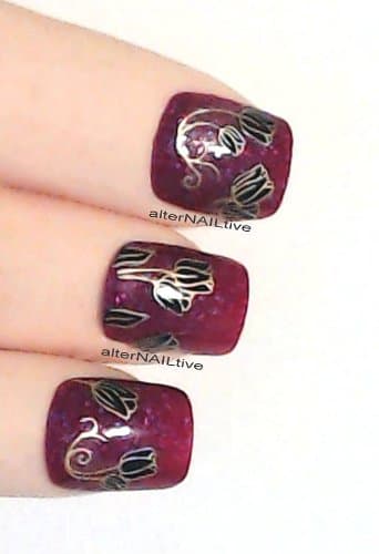 Black & Gold Metallic Tulips and Leaves Nail Art Sticker Decals by alterNAILtive CD001