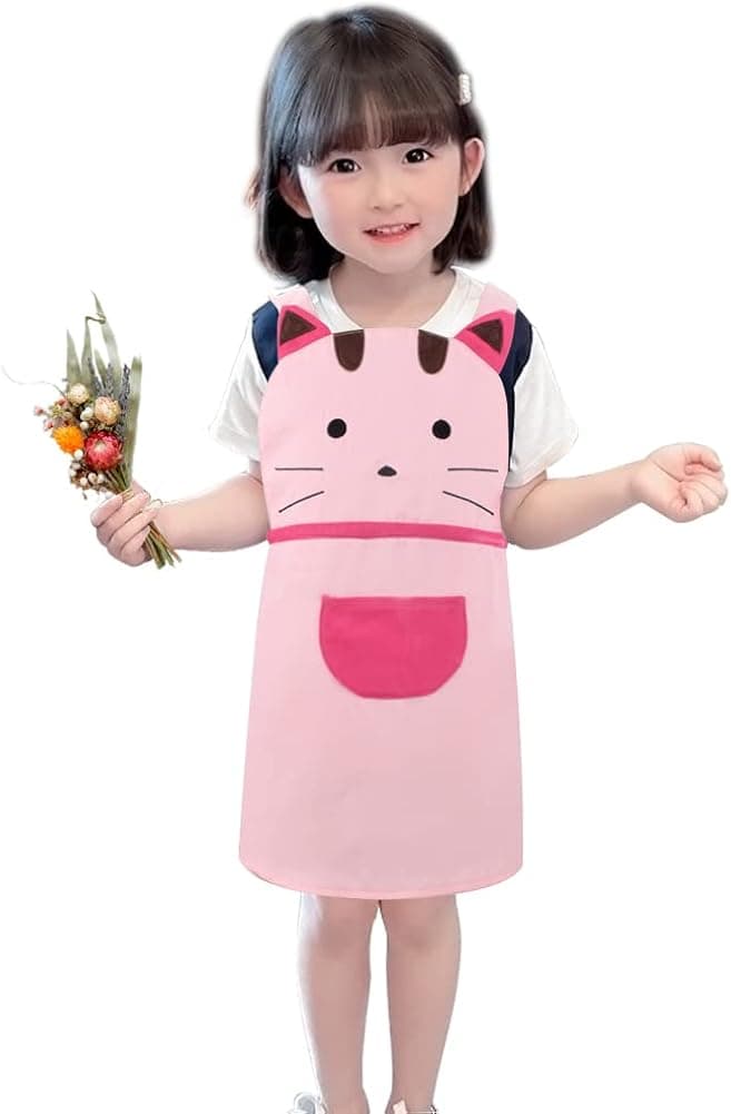 Love Potato Cute Girls Kids Toddler Cartoom Cat Embroidered Apron Cotton Children Apron Chef Kitchen Cooking Baking Apron for Kids 2-4 Years Old (Pink)