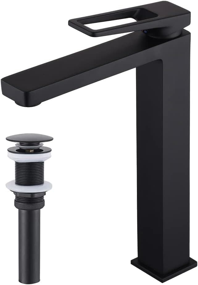 Vessel Sink Faucet, NEWRAIN Bathroom Faucet Matte Black Single Handle One Hole Tally Body Farmhouse Bathroom Vessel Sink Faucet Matching with Pop Up Drain