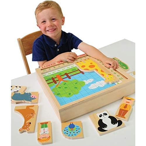 Constructive Playthings 46 pc. Wooden Animal Measure and Match with 14 Animals, 14 Two Piece Puzzles, 2 Dice and Game Instructions for Ages 4 Years and Up