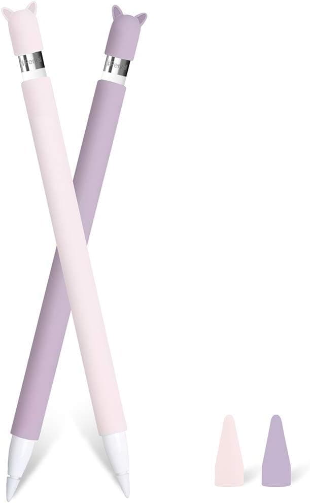 2 Pack Case for Apple Pencil 1st Generation Holder Sleeve Cover Grip Accessories, Cute Cat Silicone Skin with Charging Cap and 2 Protective Nib Covers for iPad Pro 9.7/10.5/12.9-Pink,Purple
