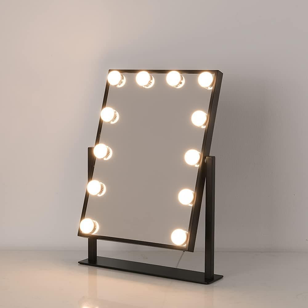 Kunimitrin Bedroom Lighted up Vanity Makeup Mirror with Stand 12 Led 3 Color Smart Touch Control Lighted Desk Mirror 10x Magnification Plug in 360°Rotation Black