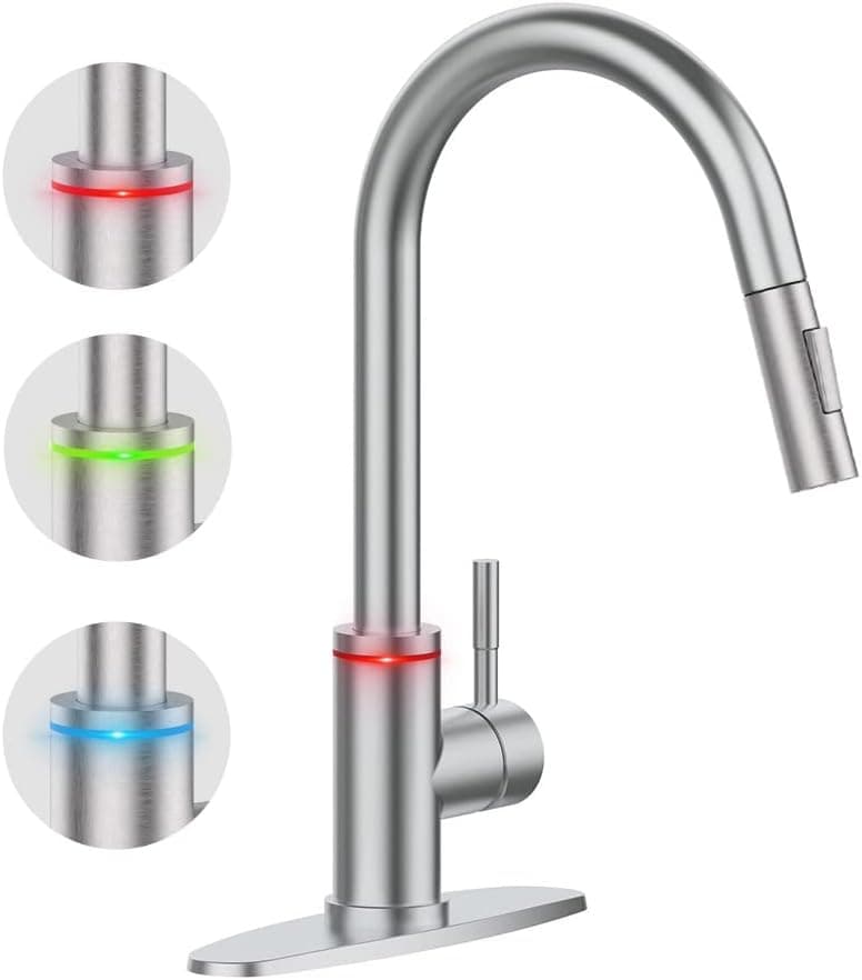 WOTOKOL Kitchen Faucets with Pull Down Sprayer, Utility Single Handle Kitchen Sink Faucet with LED Light Pull Out Brushed Nickle 1 and 3 Holes with Deck Plate