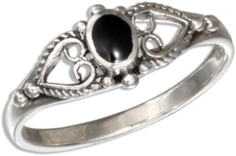 Sterling Silver 925 Bali Inspired Simulated Black Onyx Ring with Open Hearts