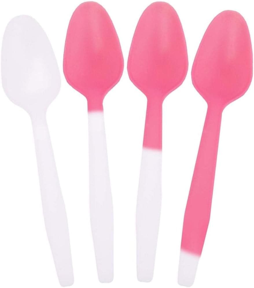 [100 Count] Crazy Color Changing Plastic Spoons - White to Red When Cold - Colorful & Beautiful Birthday Party Spoons - Made in USA! - Frozen Dessert Supplies