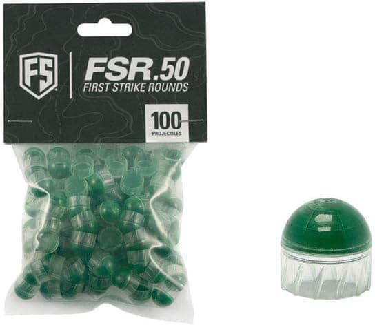 First Strike .50 Cal FSR Paintballs - 100 Count, Clear Shell/Green Fill