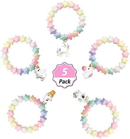 Unicorn Party Favor Bracelet - Unicorn Pendant Star Beaded Bracelet for Birthday Gifts Bracelet (UB-5Pack-Star)
