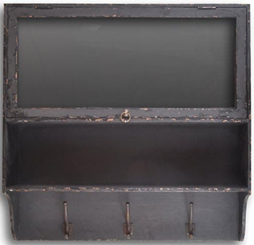 Distressed Wood Wall Cupboard With Shelves Drawer & Hooks (Black)