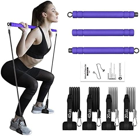 Pilates Bar Kit with Resistance Bands, WeluvFit Portable Exercise Fitness Equipment for Women & Men, Home Gym Workout 3-Section Stick Squat Yoga Pilates Kit for Full Body Shaping (4PCS Pack)
