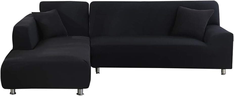 Elehealthy L Shape Sectional Covers, 2pcs Polyester Fabric Stretch Slipcovers + 2pcs Pillow Covers for L-Shape Couch (Black, L Style-3+3 Seater)