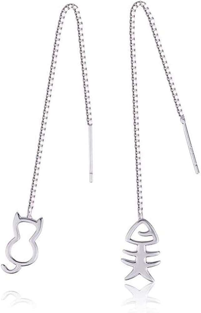 Tiny Cat Fish Charm Tassel Threader Earrings for Women - Silver Ear Chain hollow Kitten Drop Dangle Earrings jewelry