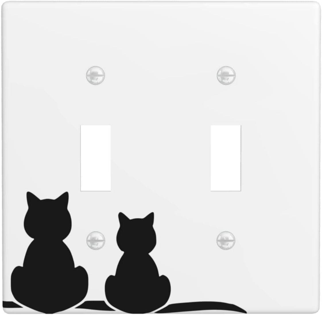 Cute Black Cat Kitten Double Toggle Light Switch Wall Plate Cover Faceplate 2-Gang Decorative Switches Suitable for Home Farmhouse Decoration 4.5" X 4.5"