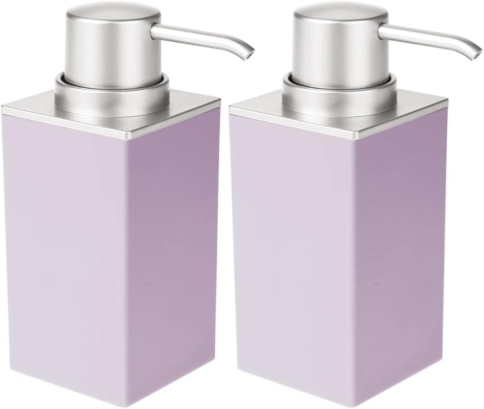 mDesign Modern Square Plastic Refillable Soap Dispenser Pump Bottle for Bathroom Vanity Countertop, Kitchen Sink - Holds Hand Soap, Dish Soap, Hand Sanitizer, Essential Oils - 2 Pack - Purple/Brushed