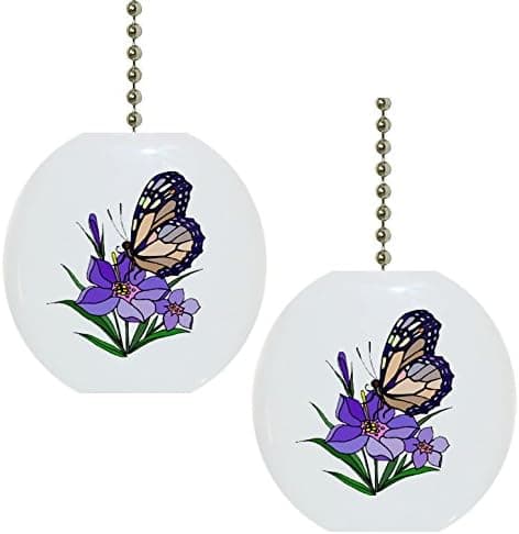 Set of 2 Butterfly Purple Flower Solid Ceramic Fan Pulls