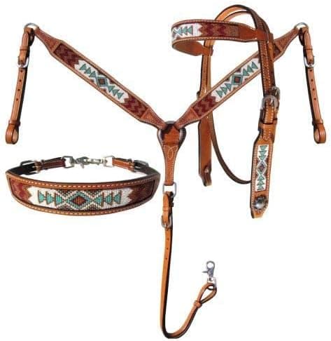 Showman 3 Piece Argentina Cow Leather Headstall & Breast Collar Set w/Navajo Beaded Inlays! New Horse TACK!