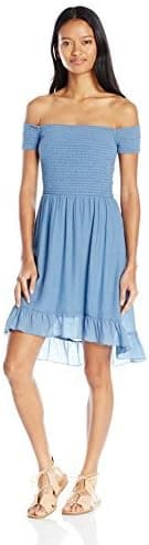 A. Byer Junior's Off The Shoulder Shirred High Low Dress with Ruffled Hem