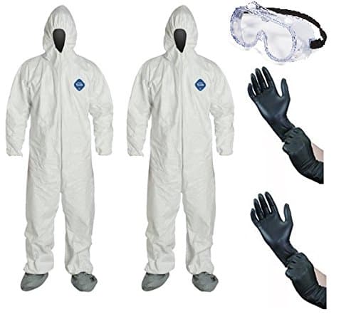 DuPont TY122S Disposable Elastic Wrist, Bootie & Hood White Tyvek Coverall Suit 1414 (LG- 2 Pack w/ Glove & Goggle)
