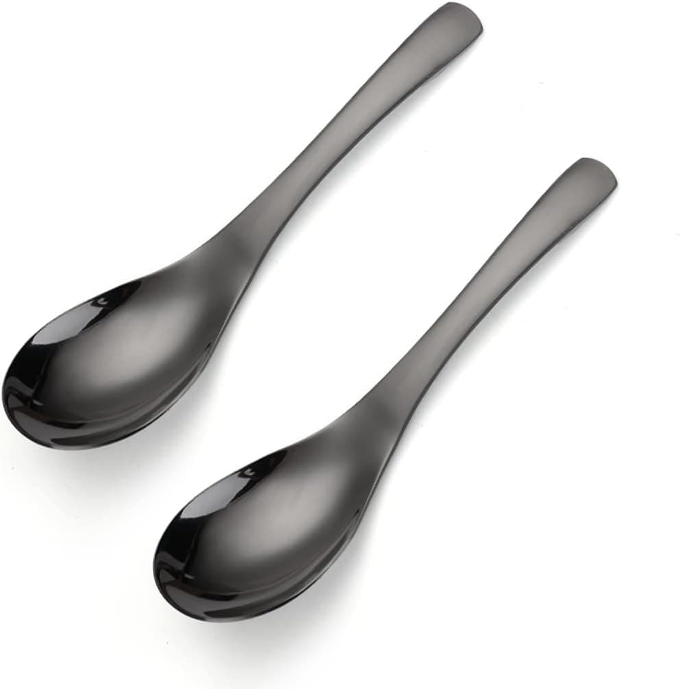 AXIAOLU Thick Heavy-weight Soup Spoons, Stainless Steel Black Table Spoon, 6.3 inches Korean Spoons for Cereal Ramen Soup Dips Curry Sauces Stews, Set of 2