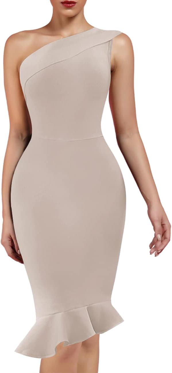 UONBOX Women's One Shoulder Sleeveless Bodycon Dress Midi Mermaid Party Bandage Dress