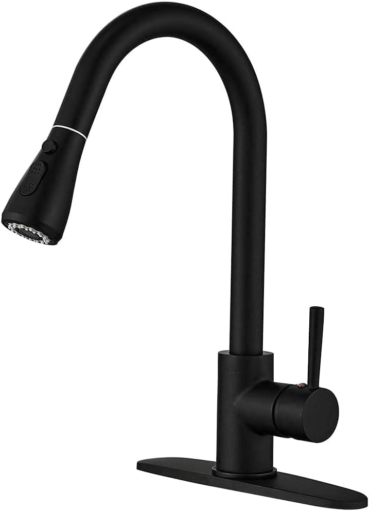 Kitchen Sink Faucet with Pull Down Sprayer Matte Black, Single Handle High Arc Pull Out Kitchen Faucets, Single Level Solid Brass Bar Kitchen Faucet with Deck Plate