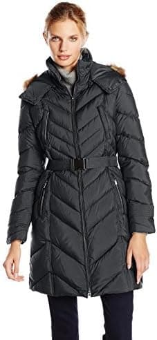 Cole Haan Women's Belted Chevron Down Coat with Detachable Faux-Fur Trim Hood