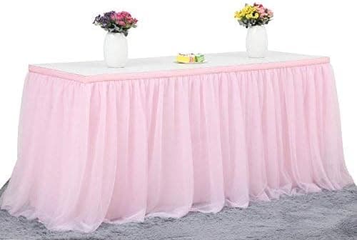 Pink Table Skirt Birthday Party Tulle Table Skirt Baby Shower Round and Rectangle Tutu Table Decoration Table Cloth for Girl Gender Reveal Wedding(L6(ft), H30in)