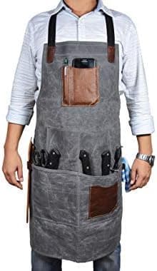 One Size Fits Utility Apron | Adjustable Cross-Back Straps | Multi-Use Shop Apron With Tool Pockets By Aaron Leather (Canvas - Grey)