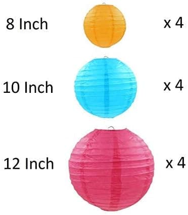 12pc Multi-Colored Paper Lanterns with LED (Various Sizes 8" 10" 12") Decorations for Parties, Weddings, Indoor and Outdoor