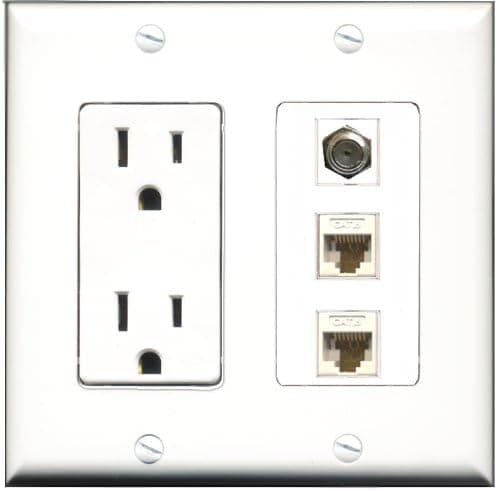 RiteAV - 15 Amp Power Outlet 1 Port Coax 2 Port Cat6 Ethernet Ethernet White Decorative Wall Plate