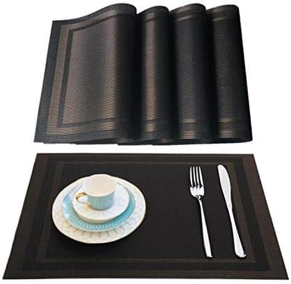 WANGCHAO Placemat, Placemats Washable Woven Vinyl Placemat for Dining Table Kitchen Table Mats((Black Gold, Set of 8)