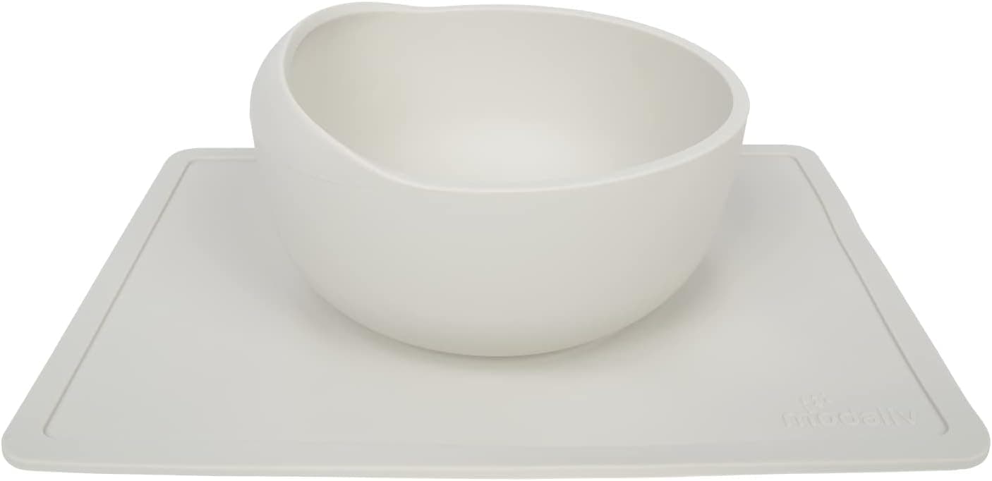 Modaliv Adult Size Scooper Bowl with Silicone Placemat Suction Base (34oz) - Food Grade Silicone Suction Bowls for Adults - Dishwasher and Microwave Safe Adaptive Equipment (Light Gray)
