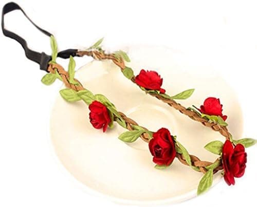 Hippie Love Flower Garland Crown Festival Wedding Hair Wreath Boho Floral Headband (Red)
