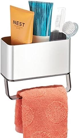 mDesign AFFIXX Peel Stick Strong Self-Adhesive Rustproof Aluminum Shower Basket Washcloth Bar - Silver/Smoke