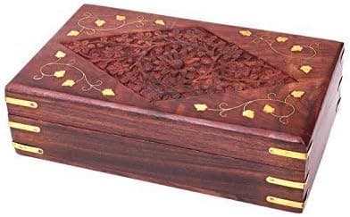 STORE INDYA Classic Natural Wooden Keepsake Box (8 x 5) Hand Carved Jewelry Organizer with Velvet Interiors