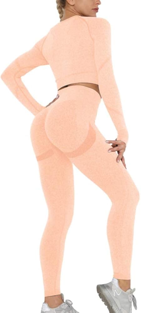 OLCHEE Women's 2 Piece Workout Outfit - Leggings and Crop Top Yoga Set Pink L