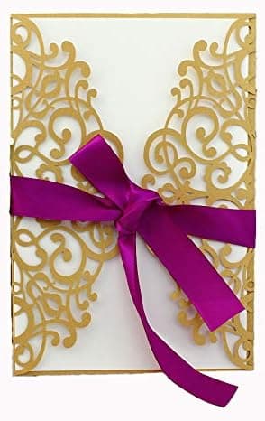 NATURE WORSHIP 50-Pcs Exquisite Carving Wedding Invitation Kits with Silk Ribbon, Gold