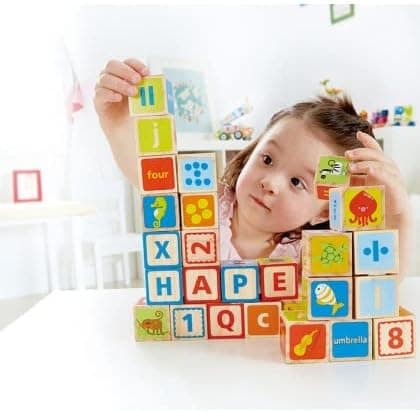 Hape Wooden 26 Pcs Alphabet and Numbers Stacking Blocks with Pictures| Educational Preschool Learning Toys for Toddlers