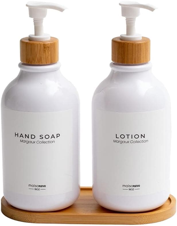MaisoNovo Dish Soap Dispenser for Kitchen w. Bamboo Pump and Soap Tray | Bathroom Soap Dispenser Set w. Dish Soap, Hand Soap, Lotion Waterproof Labels | Plastic White Sets