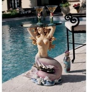 Artistic Solutions 23.5" Sculptured Mermaid Table with Glass Top for Pool Side or Boudoir