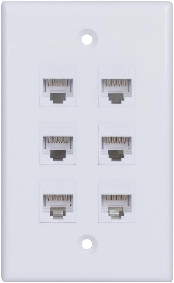 Kebulldola Cat6 Wall Plate 6 Port, Cat6 Keystone Wall Plate with Female to Female Cat6 Coupler for Cat5e, Cat6, Cat6a Cables (White,1 Pack)