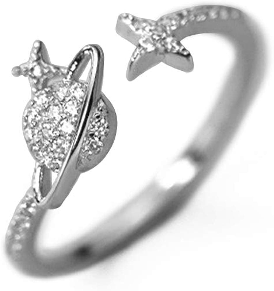 Planet Star Sterling Silver Open Stacking Rings for Women Girls Dainty Cubic Zirconia Crystal Adjustable Engagement Promise Wedding Ring Wrap Finger Thumb Band Cute Jewelry Gifts
