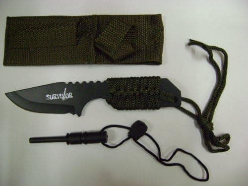 762 7" Survival Knife w/fire Starter, Green Rope, Nylon Pouch