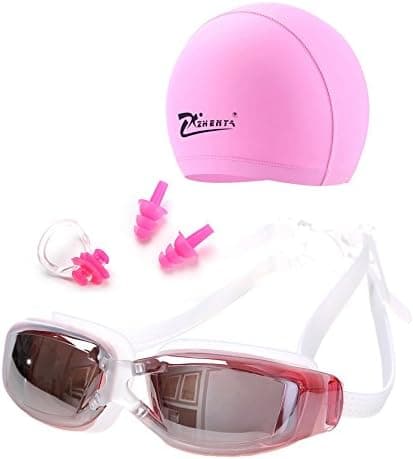 5 PCS Swimming Gear Set- Electroplating Mirror Swimming Goggles, Ear Plugs, Nose Clip, Swim Cap, Protection Case-Anti-Fog UV Protection Wide View Swimming Goggles