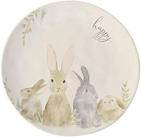 Mud Pie Watercolor Round Bunny Platter, 13" dia, White