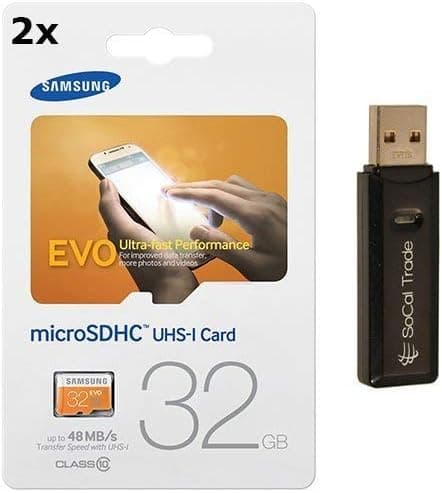 2-Pack Samsung Electronics 32GB EVO MicroSD HC Upto 48MB/s Class 10 Memory Card (MB-MP32D) with SoCal Trade USB 2.0 Dual Slot MicroSD HC and SD HC Memory Card Reader